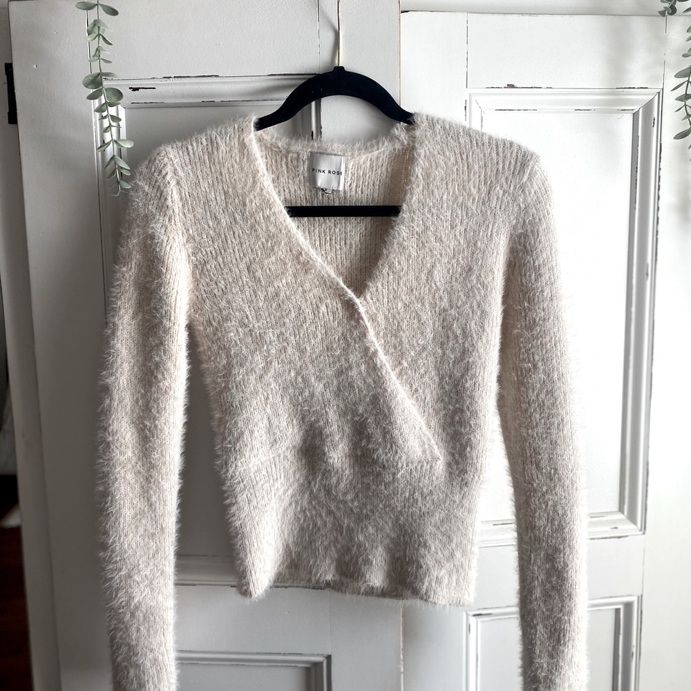 Fuzzy Cream Colored Wrap Sweater